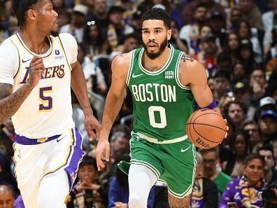 LOS ANGELES, CA - DECEMBER 25: Jayson Tatum #0 of the Boston Celtics dribbles the ball during the game against the Los Angeles Lakers on December 25, 2023 at Crypto.Com Arena in Los Angeles, California. NOTE TO USER: User expressly acknowledges and agrees that, by downloading and/or using this Photograph, user is consenting to the terms and conditions of the Getty Images License Agreement. Mandatory Copyright Notice: Copyright 2023 NBAE (Photo by Andrew D. Bernstein/NBAE via Getty Images)