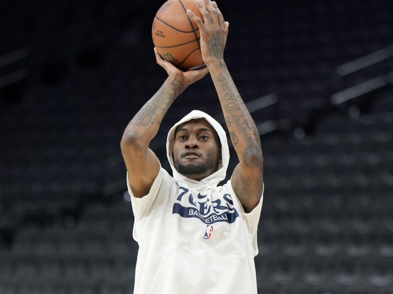 PHILADELPHIA, PA - FEBRUARY 10: Isaiah Joe #7 of the Philadelphia 76ers warms up before the game against the New York Knicks on February 10, 2023 at the Wells Fargo Center in Philadelphia, Pennsylvania NOTE TO USER: User expressly acknowledges and agrees that, by downloading and/or using this Photograph, user is consenting to the terms and conditions of the Getty Images License Agreement. Mandatory Copyright Notice: Copyright 2023 NBAE (Photo by Jesse D. Garrabrant/NBAE via Getty Images)