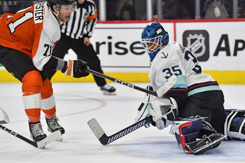 Feb 10, 2024; Philadelphia, Pennsylvania, USA; Seattle Kraken goaltender Joey Daccord (35) makes a save against Philadelphia Flyers right wing Tyson Foerster (71) during the third period at Wells Fargo Center. Mandatory Credit: Eric Hartline-USA TODAY Sports
