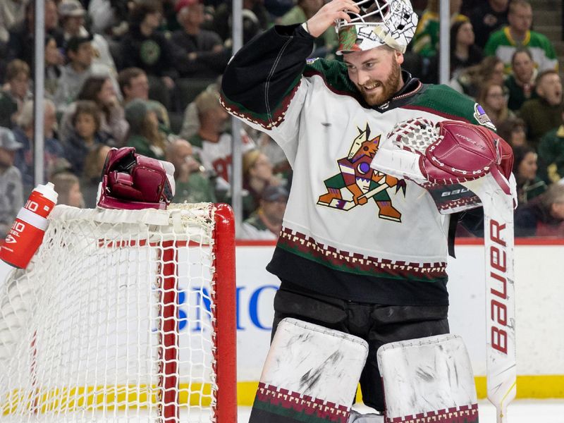 Jan 14, 2023; Saint Paul, Minnesota, USA; Arizona Coyotes goaltender Connor Ingram (39) regroups after allowing two Minnesota Wild goals in the second period at Xcel Energy Center. Mandatory Credit: Matt Blewett-USA TODAY Sports