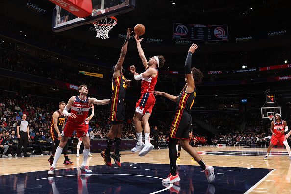 WASHINGTON, DC -? DECEMBER 31: Corey Kispert #24 of the Washington Wizards shoots the ball during the game against the Atlanta Hawks on December 31, 2023 at Capital One Arena in Washington, DC. NOTE TO USER: User expressly acknowledges and agrees that, by downloading and or using this Photograph, user is consenting to the terms and conditions of the Getty Images License Agreement. Mandatory Copyright Notice: Copyright 2023 NBAE (Photo by Stephen Gosling/NBAE via Getty Images)