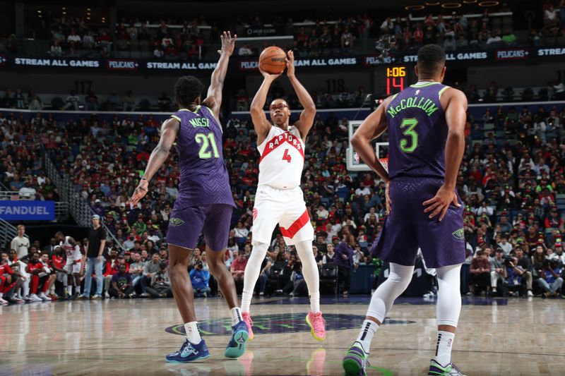 NEW ORLEANS, LA - NOVEMBER 27: Scottie Barnes #4 of the Toronto Raptors shoots the ball during the game against the New Orleans Pelicans  during a regular season game on November 27, 2024 at the Smoothie King Center in New Orleans, Louisiana. NOTE TO USER: User expressly acknowledges and agrees that, by downloading and or using this Photograph, user is consenting to the terms and conditions of the Getty Images License Agreement. Mandatory Copyright Notice: Copyright 2024 NBAE (Photo by Layne Murdoch Jr./NBAE via Getty Images)