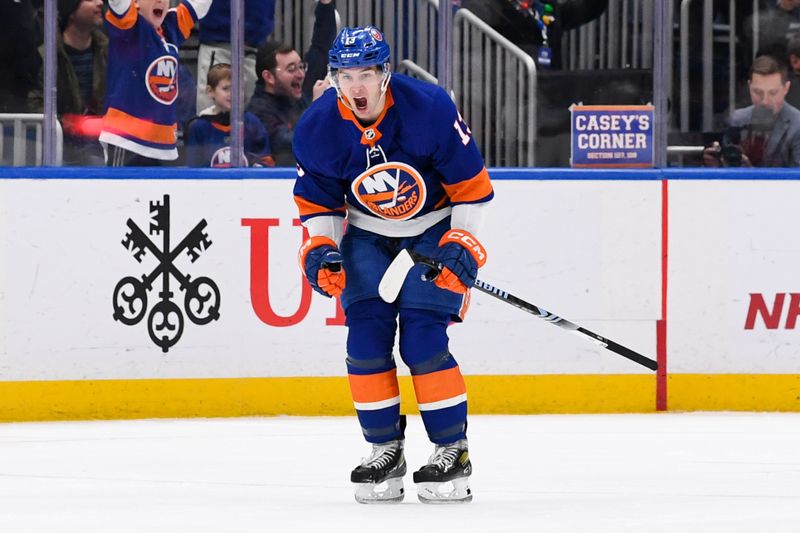 Dec 13, 2023; Elmont, New York, USA; New York Islanders center Mathew Barzal (13) celebrates his goal against the Anaheim Ducks during the third period at UBS Arena. Mandatory Credit: Dennis Schneidler-USA TODAY Sports