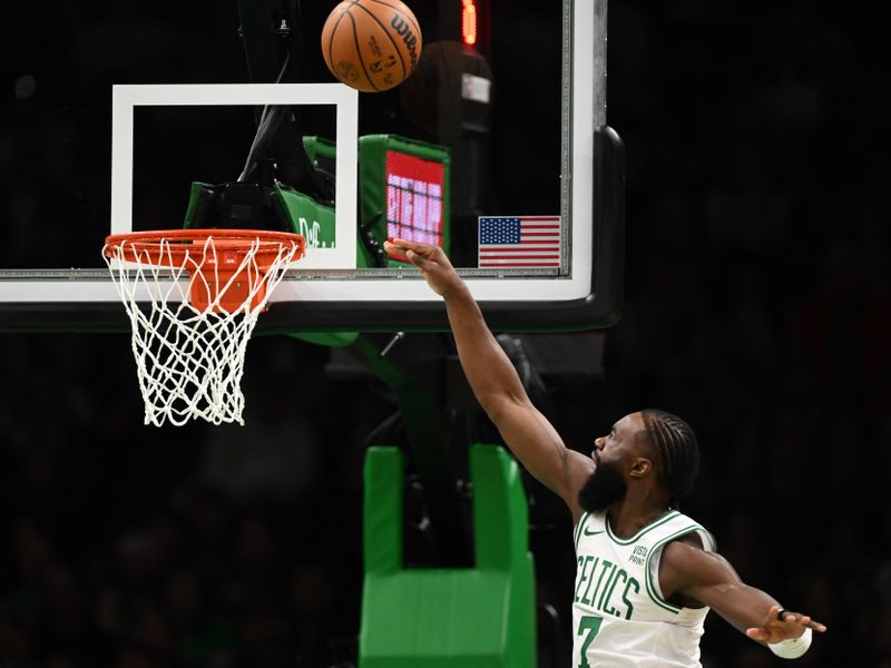 BOSTON, MASSACHUSETTS - FEBRUARY 01: Jaylen Brown #7 of the Boston Celtics attempts a layup against the Los Angeles Lakers during the second quarter at the TD Garden on February 01, 2024 in Boston, Massachusetts. NOTE TO USER: User expressly acknowledges and agrees that, by downloading and or using this photograph, User is consenting to the terms and conditions of the Getty Images License Agreement. (Photo by Brian Fluharty/Getty Images)