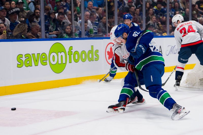 Mar 16, 2024; Vancouver, British Columbia, CAN; Washington Capitals defenseman Rasmus Sandin (38) battles with Vancouver Canucks forward Vasily Podkolzin (92) in the first period at Rogers Arena. Mandatory Credit: Bob Frid-USA TODAY Sports