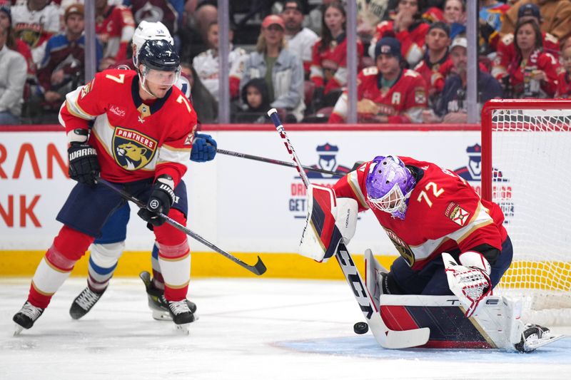 Nov 23, 2024; Sunrise, Florida, USA; Florida Panthers goaltender Sergei Bobrovsky (72) makes a save against the Colorado Avalanche in the first period at Amerant Bank Arena. Mandatory Credit: Jim Rassol-Imagn Images