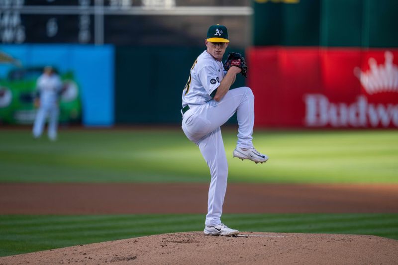 May 30, 2023; Oakland, California, USA;  Oakland Athletics starting pitcher JP Sears (38) delivers a pitch against the Atlanta Braves during the first inning at Oakland-Alameda County Coliseum. Mandatory Credit: Neville E. Guard-USA TODAY Sports