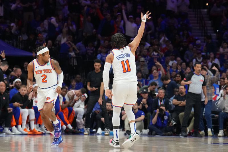 PHILADELPHIA, PA - APRIL 25: Jalen Brunson #11 of the New York Knicks celebrates during the game against the Philadelphia 76ers during Round 1 Game 3 of the 2024 NBA Playoffs on April 25, 2024 at the Wells Fargo Center in Philadelphia, Pennsylvania NOTE TO USER: User expressly acknowledges and agrees that, by downloading and/or using this Photograph, user is consenting to the terms and conditions of the Getty Images License Agreement. Mandatory Copyright Notice: Copyright 2024 NBAE (Photo by Jesse D. Garrabrant/NBAE via Getty Images)