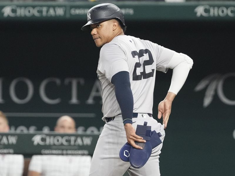 Sep 3, 2024; Arlington, Texas, USA; New York Yankees right fielder Juan Soto (22) stares at Texas Rangers starting pitcher Andrew Heaney (not shown) after he was hit by a pitch during the fifth inning at Globe Life Field. Mandatory Credit: Jim Cowsert-Imagn Images
