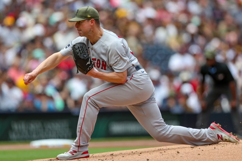 May 21, 2023; San Diego, California, USA; Boston Red Sox starting pitcher Corey Kluber (28) throws a pitch in the first inning against the San Diego Padres at Petco Park. Mandatory Credit: David Frerker-USA TODAY Sports