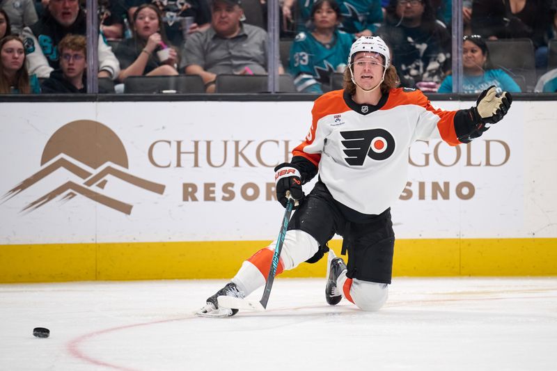 Mar 21, 2026; San Jose, California, USA; Philadelphia Flyers center Trevor Zegras (46) reacts after being called for a penalty against the San Jose Sharks during the third period at SAP Center at San Jose. Mandatory Credit: Robert Edwards-Imagn Images