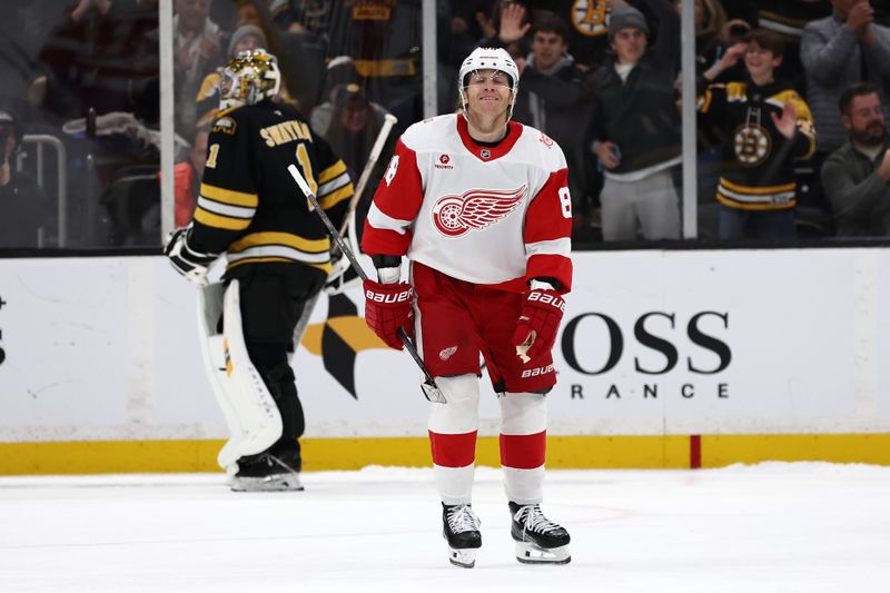 Nov 29, 2025; Boston, Massachusetts, USA; Detroit Red Wings right wing Patrick Kane (88) heads back to the bench after being stopped by Boston Bruins goaltender Jeremy Swayman (1) during a shootout at TD Garden. Mandatory Credit: Winslow Townson-Imagn Images