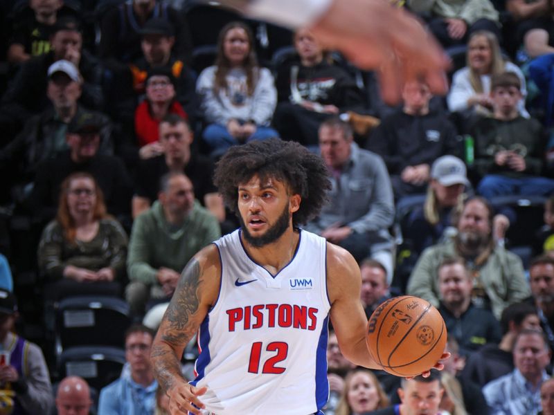 SALT LAKE CITY, UT - JANUARY 1: Isaiah Livers #12 of the Detroit Pistons dribbles the ball during the game against the Utah Jazz on January 1, 2024 at vivint.SmartHome Arena in Salt Lake City, Utah. NOTE TO USER: User expressly acknowledges and agrees that, by downloading and or using this Photograph, User is consenting to the terms and conditions of the Getty Images License Agreement. Mandatory Copyright Notice: Copyright 2023 NBAE (Photo by Melissa Majchrzak/NBAE via Getty Images)