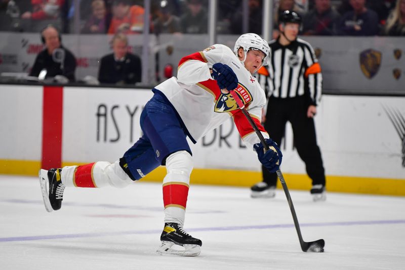 Jan 21, 2025; Anaheim, California, USA; Florida Panthers defenseman Niko Mikkola (77) shoots on goal against the Anaheim Ducks during the first period at Honda Center. Mandatory Credit: Gary A. Vasquez-Imagn Images