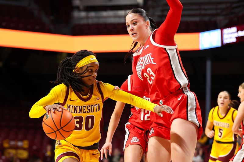 Feb 8, 2024; Minneapolis, Minnesota, USA; Minnesota Golden Gophers guard Janay Sanders (30) works around Ohio State Buckeyes forward Rebeka Mikulasikova (23) during the first half at Williams Arena. Mandatory Credit: Matt Krohn-USA TODAY Sports