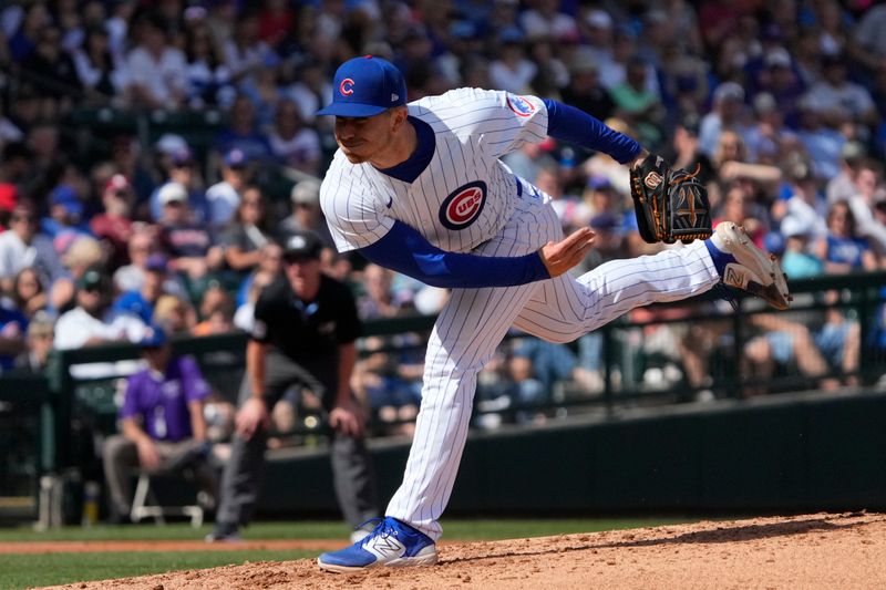 Feb 23, 2024; Mesa, Arizona, USA; Chicago Cubs pitcher Bailey Horn (92) throws against the Chicago White Sox in the second inning at Sloan Park. Mandatory Credit: Rick Scuteri-USA TODAY Sports