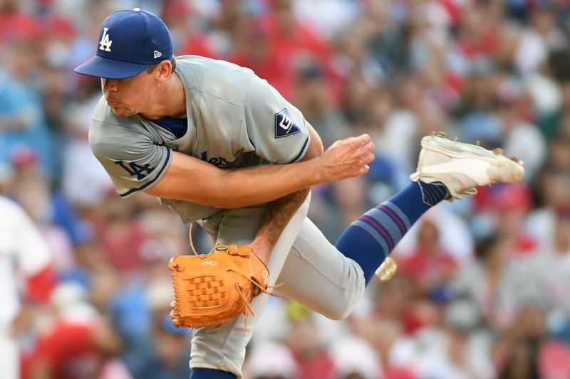 Jul 10, 2024; Philadelphia, Pennsylvania, USA; Los Angeles Dodgers pitcher Gavin Stone (35) throws a pitch during the second inning against the Philadelphia Phillies at Citizens Bank Park. Mandatory Credit: Eric Hartline-USA TODAY Sports