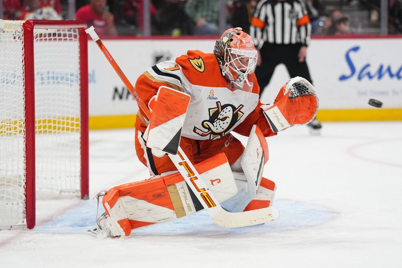 Oct 28, 2025; Sunrise, Florida, USA; Anaheim Ducks goaltender Lukas Dostal (1) makes a save against the Florida Panthers during the second period at Amerant Bank Arena. Mandatory Credit: Jim Rassol-Imagn Images