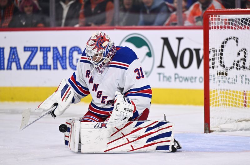 Nov 24, 2023; Philadelphia, Pennsylvania, USA; New York Rangers goalie Igor Shesterkin (31) makes a save against the Philadelphia Flyers in the second period at Wells Fargo Center. Mandatory Credit: Kyle Ross-USA TODAY Sports