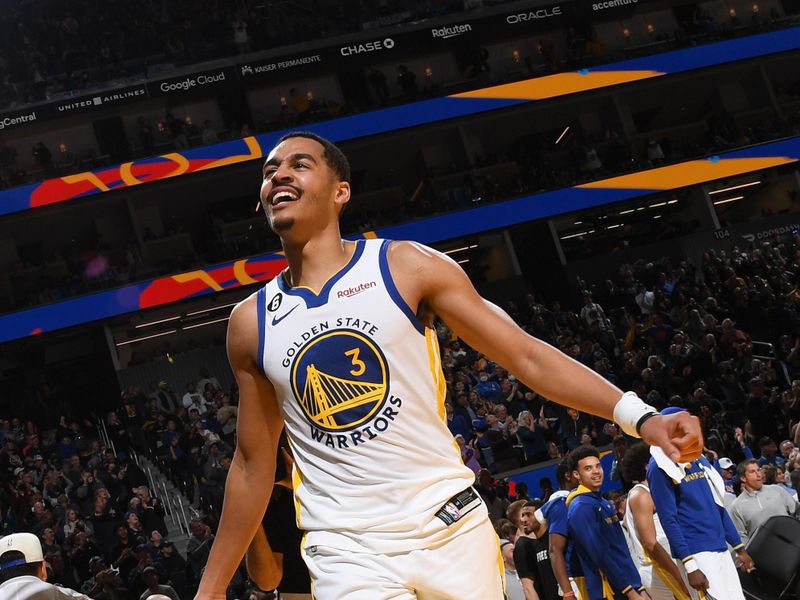 SAN FRANCISCO, CA - MARCH 24: Jordan Poole #3 of the Golden State Warriors smiles during the game against the Philadelphia 76ers on March 24, 2023 at Chase Center in San Francisco, California. NOTE TO USER: User expressly acknowledges and agrees that, by downloading and or using this photograph, user is consenting to the terms and conditions of Getty Images License Agreement. Mandatory Copyright Notice: Copyright 2023 NBAE (Photo by Noah Graham/NBAE via Getty Images)