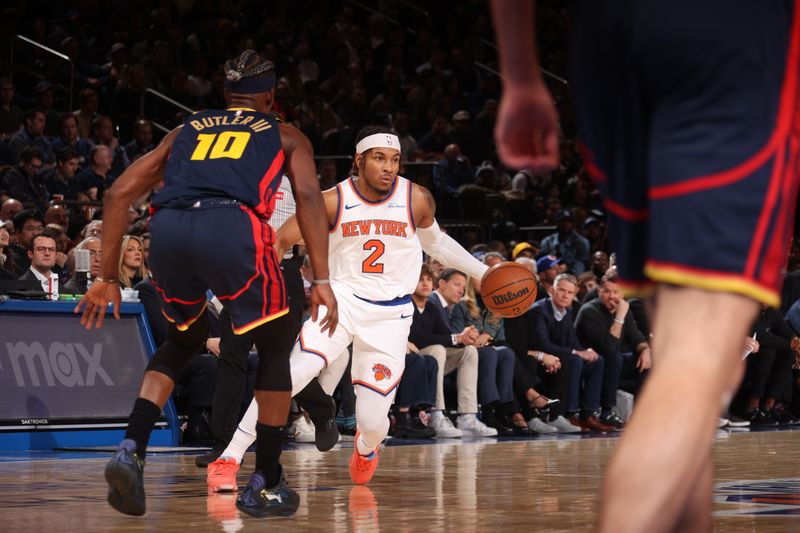 NEW YORK, NY - MARCH 4: Miles McBride #2 of the New York Knicks handles the ball during the game against the Golden State Warriors on March 4, 2025 at Madison Square Garden in New York City, New York.  NOTE TO USER: User expressly acknowledges and agrees that, by downloading and or using this photograph, User is consenting to the terms and conditions of the Getty Images License Agreement. Mandatory Copyright Notice: Copyright 2025 NBAE  (Photo by Nathaniel S. Butler/NBAE via Getty Images)