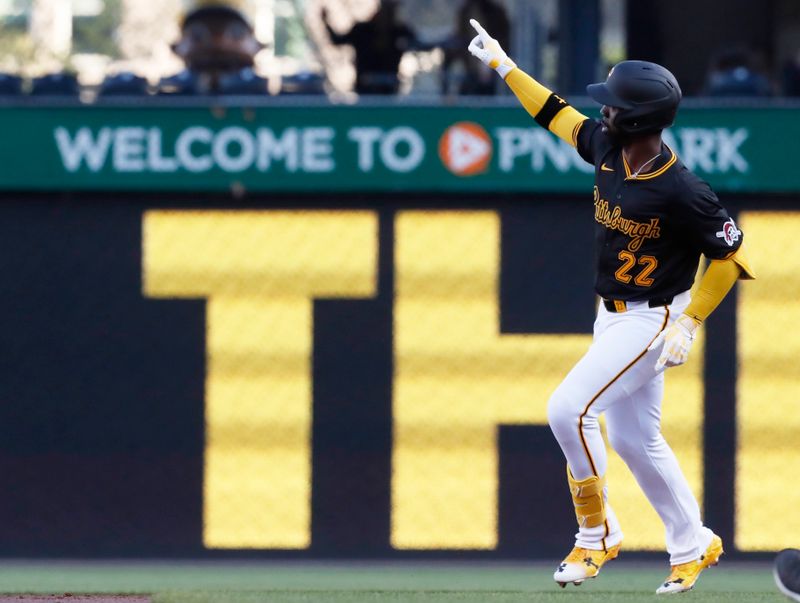 Apr 22, 2024; Pittsburgh, Pennsylvania, USA;  Pittsburgh Pirates designated hitter Andrew McCutchen (22) circles the bases after a solo home run against the Milwaukee Brewers during the first inning at PNC Park. Mandatory Credit: Charles LeClaire-USA TODAY Sports