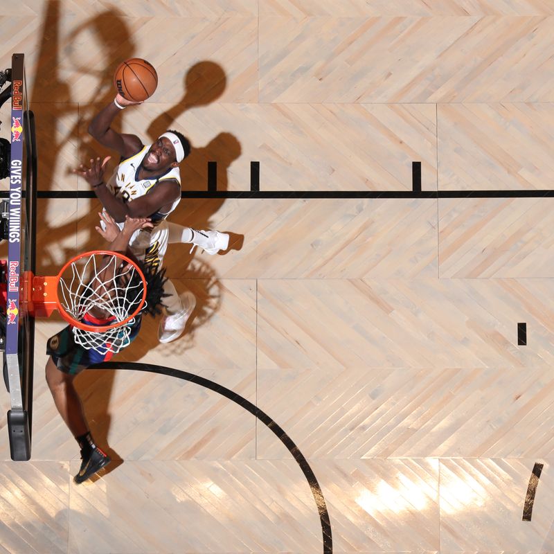 BROOKLYN, NY - APRIL 3: Pascal Siakam #43 of the Indiana Pacers drives to the basket during the game against the Brooklyn Nets on April 3, 2024 at Barclays Center in Brooklyn, New York. NOTE TO USER: User expressly acknowledges and agrees that, by downloading and or using this Photograph, user is consenting to the terms and conditions of the Getty Images License Agreement. Mandatory Copyright Notice: Copyright 2024 NBAE (Photo by Nathaniel S. Butler/NBAE via Getty Images)