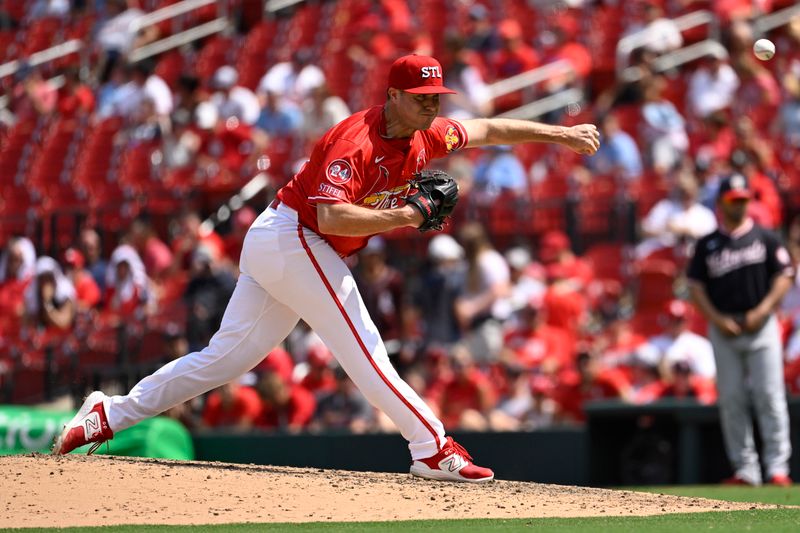 Jul 28, 2024; St. Louis, Missouri, USA; St. Louis Cardinals relief pitcher John King (47) throws against the Washington Nationals during the seventh inning at Busch Stadium. Mandatory Credit: Jeff Le-USA TODAY Sports