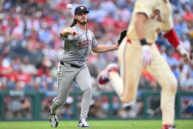 Aug 28, 2024; Philadelphia, Pennsylvania, USA; Houston Astros starting pitcher Spencer Arrighetti (41) throws to first against the Philadelphia Phillies in the sixth inning at Citizens Bank Park. Mandatory Credit: Kyle Ross-USA TODAY Sports