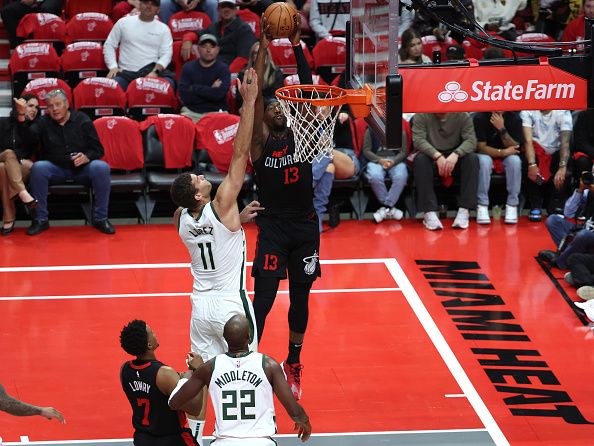 MIAMI, FL - NOVEMBER 28:  Bam Adebayo #13 of the Miami Heat goes to the basket during the game In-Season Tournament on November 28, 2023 at Miami-Dade Arena in Miami, Florida. NOTE TO USER: User expressly acknowledges and agrees that, by downloading and or using this Photograph, user is consenting to the terms and conditions of the Getty Images License Agreement. Mandatory Copyright Notice: Copyright 2023 NBAE (Photo by Robby Illanes/NBAE via Getty Images)