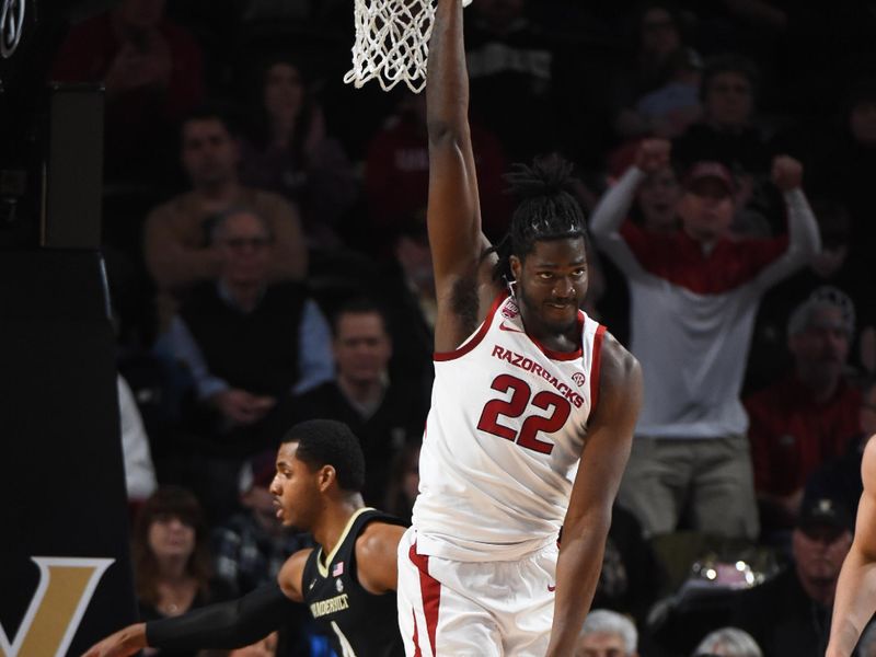 Jan 14, 2023; Nashville, Tennessee, USA; Arkansas Razorbacks forward Makhel Mitchell (22) celebrates after a dunk during the first half against the Vanderbilt Commodores at Memorial Gymnasium. Mandatory Credit: Christopher Hanewinckel-USA TODAY Sports