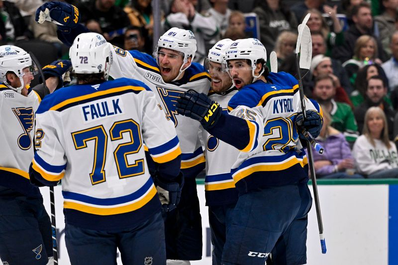 Dec 14, 2024; Dallas, Texas, USA; St. Louis Blues left wing Pavel Buchnevich (89) and center Brayden Schenn (10) and center Jordan Kyrou (25) and defenseman Justin Faulk (72) celebrates a goal scored by during the first period at American Airlines Center. Mandatory Credit: Jerome Miron-Imagn Images