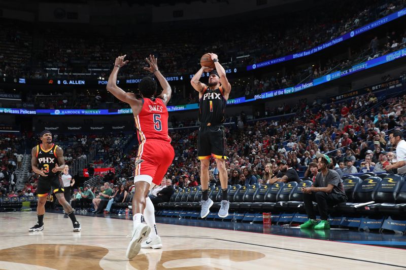 NEW ORLEANS, LA - APRIL 1:  Devin Booker #1 of the Phoenix Suns shoots the ball during the game against the New Orleans Pelicans on April 1, 2024 at the Smoothie King Center in New Orleans, Louisiana. NOTE TO USER: User expressly acknowledges and agrees that, by downloading and or using this Photograph, user is consenting to the terms and conditions of the Getty Images License Agreement. Mandatory Copyright Notice: Copyright 2024 NBAE (Photo by Layne Murdoch Jr./NBAE via Getty Images)