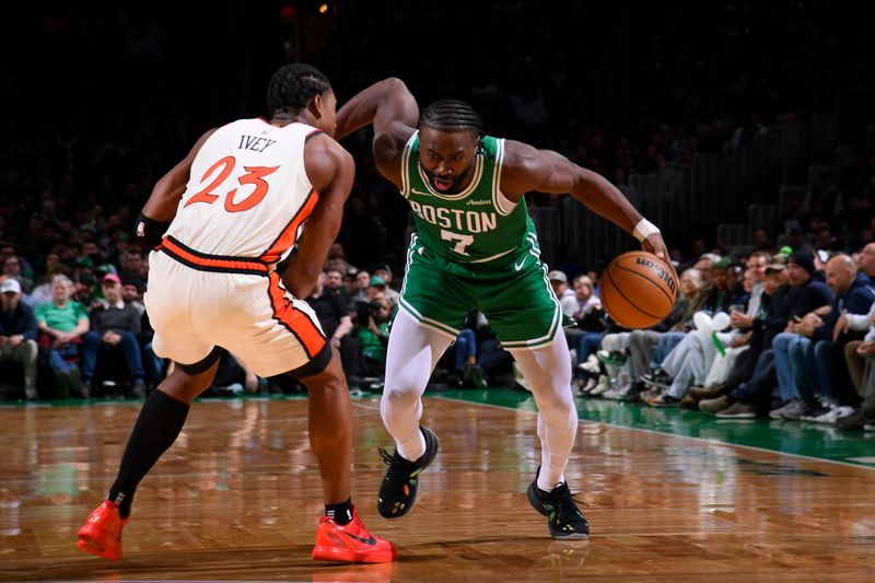 BOSTON, MA - DECEMBER 4: Jaylen Brown #7 of the Boston Celtics drives to the basket during the game against the Detroit Pistons on December 4, 2024 at TD Garden in Boston, Massachusetts. NOTE TO USER: User expressly acknowledges and agrees that, by downloading and/or using this Photograph, user is consenting to the terms and conditions of the Getty Images License Agreement. Mandatory Copyright Notice: Copyright 2024 NBAE (Photo by Brian Babineau/NBAE via Getty Images)