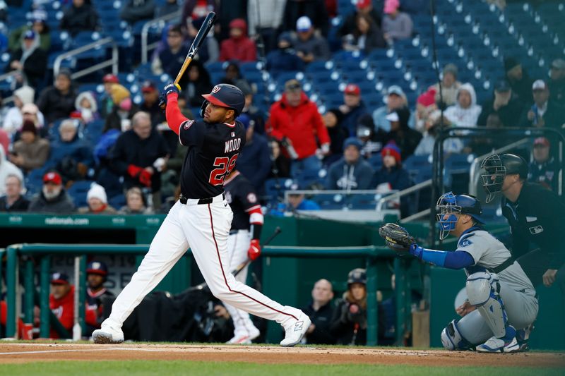 Apr 8, 2025; Washington, District of Columbia, USA; Washington Nationals outfielder James Wood (29) hits a two run home run against the Los Angeles Dodgers during the first inning at Nationals Park. Mandatory Credit: Geoff Burke-Imagn Images