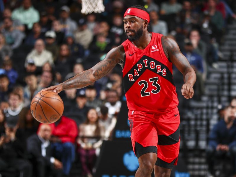 BROOKLYN, NY - OCTOBER 18: Jamal Shead #23 of the Toronto Raptors dribbles the ball during the game on October 18, 2024 at Barclays Center in Brooklyn, New York. NOTE TO USER: User expressly acknowledges and agrees that, by downloading and or using this Photograph, user is consenting to the terms and conditions of the Getty Images License Agreement. Mandatory Copyright Notice: Copyright 2024 NBAE (Photo by David L. Nemec/NBAE via Getty Images)