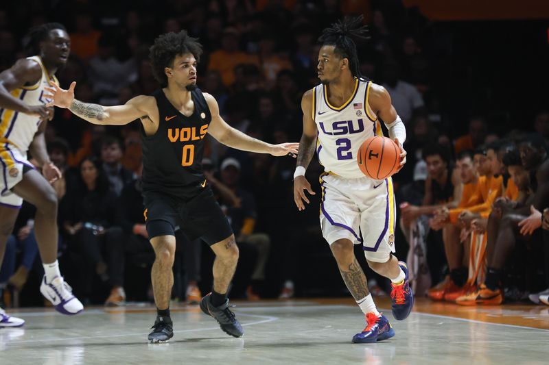 Feb 14, 2026; Knoxville, Tennessee, USA;  Louisiana State Tigers guard Jalen Reece (2) moves the ball against Tennessee Volunteers guard Ja'kobi Gillespie (0) during the first half at Thompson-Boling Arena at Food City Center. Mandatory Credit: Randy Sartin-Imagn Images