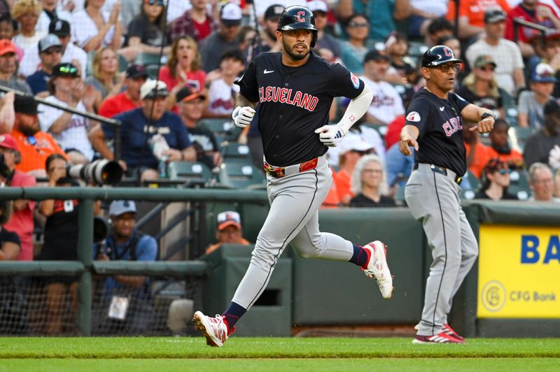 Jun 24, 2024; Baltimore, Maryland, USA;  Cleveland Guardians shortstop Gabriel Arias (13)  rounds third base to score in the second inning against the Baltimore Orioles at Oriole Park at Camden Yards. Mandatory Credit: Tommy Gilligan-USA TODAY Sports