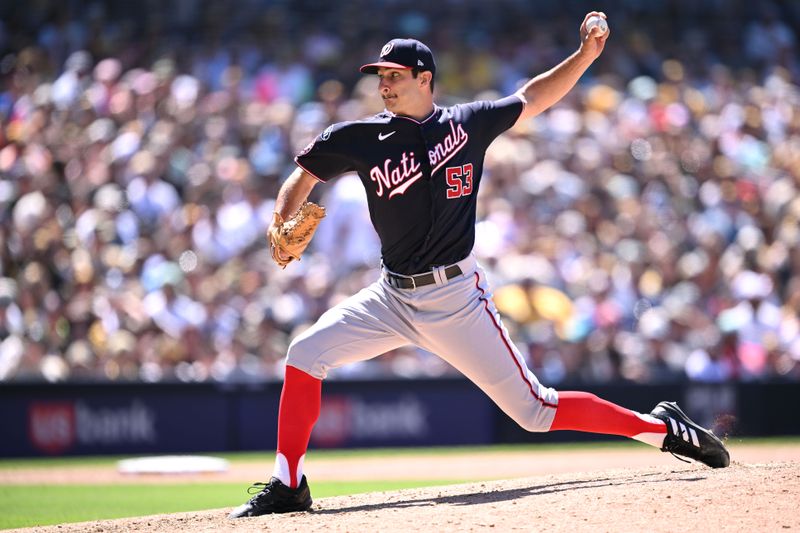 Jun 25, 2023; San Diego, California, USA; Washington Nationals relief pitcher Joe La Sorsa (53) throws a pitch against the San Diego Padres during the sixth inning at Petco Park. Mandatory Credit: Orlando Ramirez-USA TODAY Sports