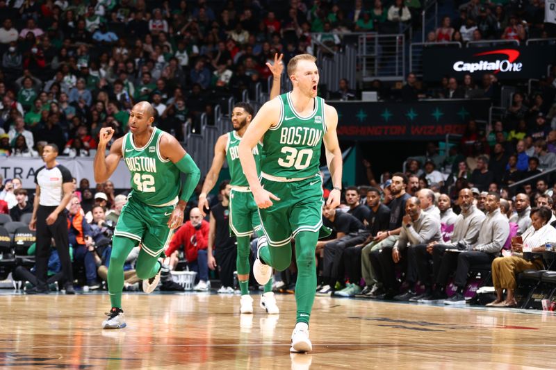 WASHINGTON, DC -? MARCH 17: Sam Hauser #30 of the Boston Celtics celebrates during the game against the Washington Wizards on March 17, 2024 at Capital One Arena in Washington, DC. NOTE TO USER: User expressly acknowledges and agrees that, by downloading and or using this Photograph, user is consenting to the terms and conditions of the Getty Images License Agreement. Mandatory Copyright Notice: Copyright 2024 NBAE (Photo by Kenny Giarla/NBAE via Getty Images)