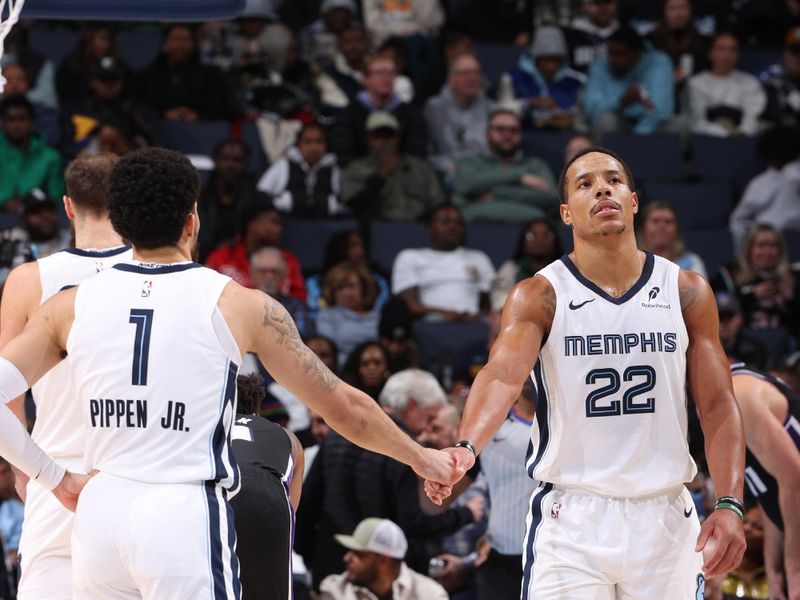 MEMPHIS, TN - DECEMBER 5: Scotty Pippen Jr. #1 and Desmond Bane #22 of the Memphis Grizzlies high five during the game against the Sacramento Kings on December 5, 2024 at FedExForum in Memphis, Tennessee. NOTE TO USER: User expressly acknowledges and agrees that, by downloading and or using this photograph, User is consenting to the terms and conditions of the Getty Images License Agreement. Mandatory Copyright Notice: Copyright 2024 NBAE (Photo by Joe Murphy/NBAE via Getty Images)