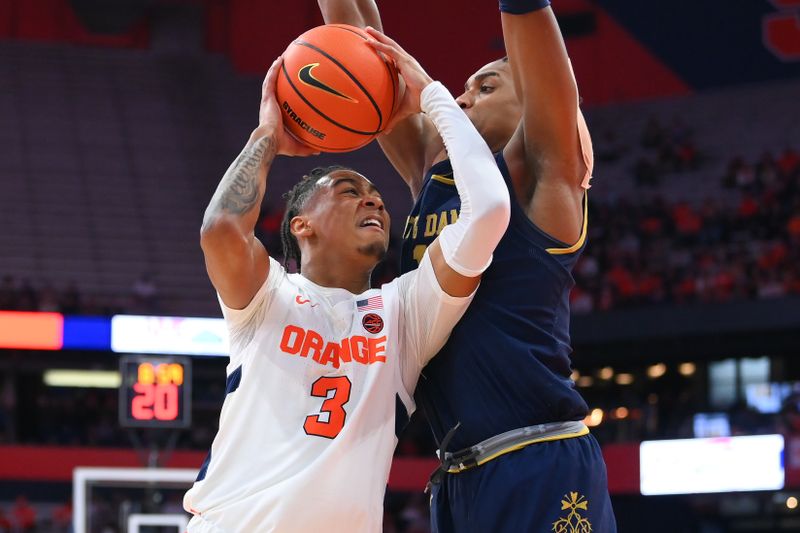 Jan 14, 2023; Syracuse, New York, USA; Syracuse Orange guard Judah Mintz (3) shoots the ball as Notre Dame Fighting Irish guard J.J. Starling (1) defends during the first half at the JMA Wireless Dome. Mandatory Credit: Rich Barnes-USA TODAY Sports