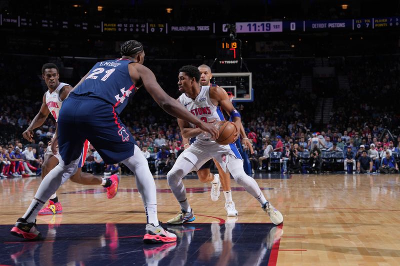 PHILADELPHIA, PA - APRIL 9: Jaden Ivey #23 of the Detroit Pistons dribbles the ball during the game against the Philadelphia 76ers on April 9, 2024 at the Wells Fargo Center in Philadelphia, Pennsylvania NOTE TO USER: User expressly acknowledges and agrees that, by downloading and/or using this Photograph, user is consenting to the terms and conditions of the Getty Images License Agreement. Mandatory Copyright Notice: Copyright 2024 NBAE (Photo by Jesse D. Garrabrant/NBAE via Getty Images)