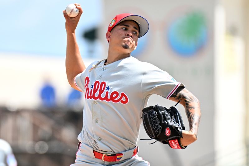 Mar 6, 2026; Bradenton, Florida, USA; Philadelphia Phillies starting  pitcher Jean Cabrera (79) throws a pitch in the first inning against the Pittsburgh Pirates during spring training  at LECOM Park. Mandatory Credit: Jonathan Dyer-Imagn Images