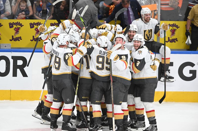 May 10, 2025; Edmonton, Alberta, CAN;  Las Vegas Golden Knights celebrate their win against the Edmonton Oilers during the third period in game three of the second round of the 2025 Stanley Cup Playoffs at Rogers Place. Mandatory Credit: Walter Tychnowicz-Imagn Images