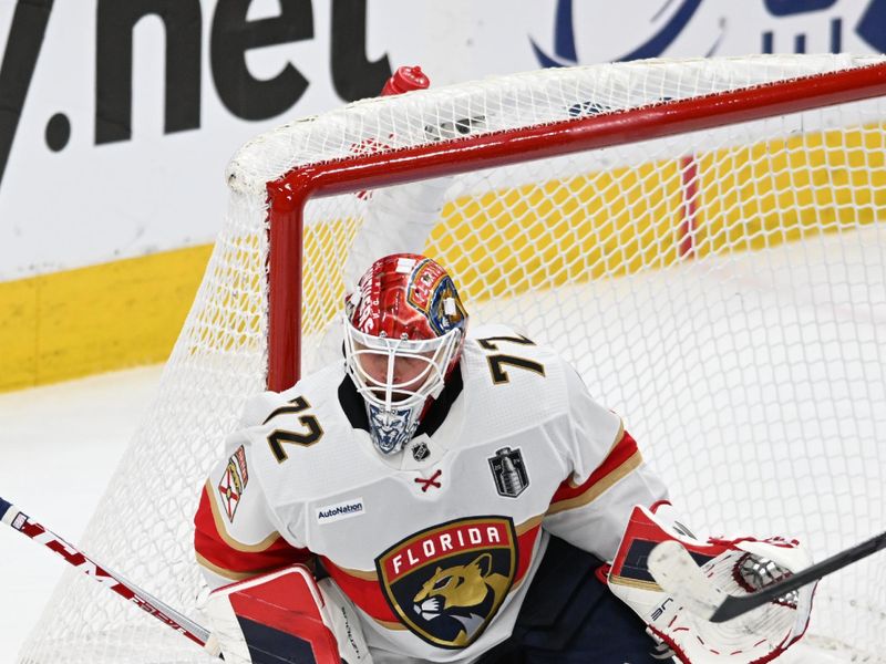 Jun 13, 2024; Edmonton, Alberta, CAN; Florida Panthers goaltender Sergei Bobrovsky (72) protects the goal in the first period against the Edmonton Oilers in game three of the 2024 Stanley Cup Final at Rogers Place. Mandatory Credit: Walter Tychnowicz-USA TODAY Sports