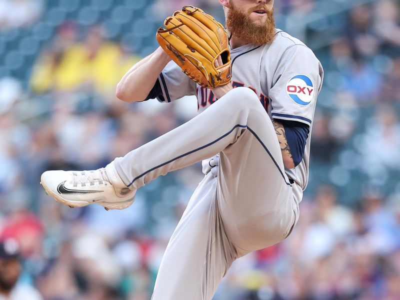 Jul 5, 2024; Minneapolis, Minnesota, USA; Houston Astros starting pitcher Shawn Dubin (66) pitches against the Minnesota Twins during the first inning at Target Field. Mandatory Credit: Matt Krohn-USA TODAY Sports