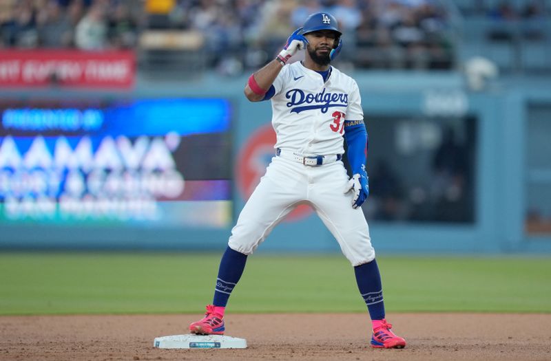 Apr 29, 2025; Los Angeles, California, USA; Los Angeles Dodgers outfielder Teoscar Hernandez (37) celebrates after a double during the first inning against the Miami Marlins at Dodger Stadium. Mandatory Credit: Kirby Lee-Imagn Images