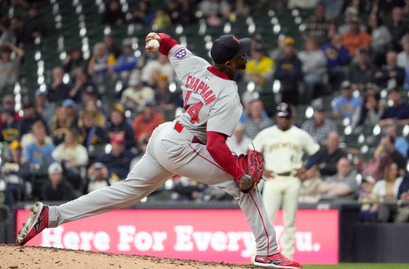 May 27, 2025; Milwaukee, Wisconsin, USA; Boston Red Sox pitcher Aroldis Chapman (44) delivers a pitch against the Milwaukee Brewers in the ninth inning at American Family Field. Mandatory Credit: Michael McLoone-Imagn Images