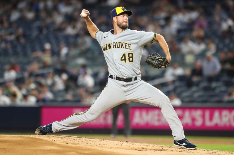 Sep 8, 2023; Bronx, New York, USA;  Milwaukee Brewers starting pitcher Colin Rea (48) pitches in the first inning against the New York Yankees at Yankee Stadium. Mandatory Credit: Wendell Cruz-USA TODAY Sports